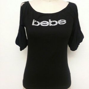 Bebe Logo Rhinestone Black Open Sleeve Sz M